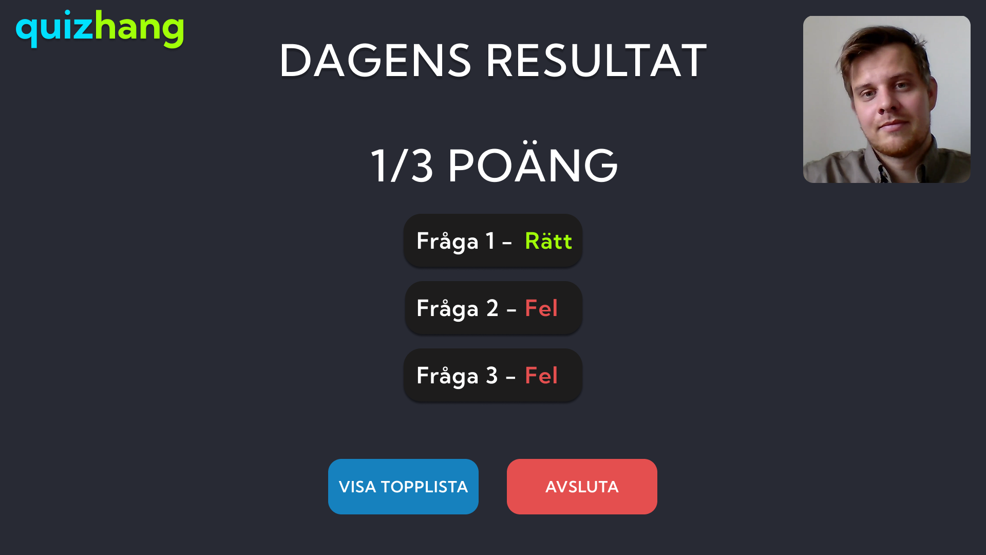 Quiz results screen
